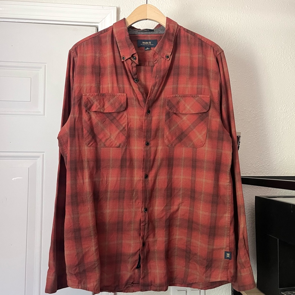 ROARK red cotton‎ plaid long sleeve button up shirt